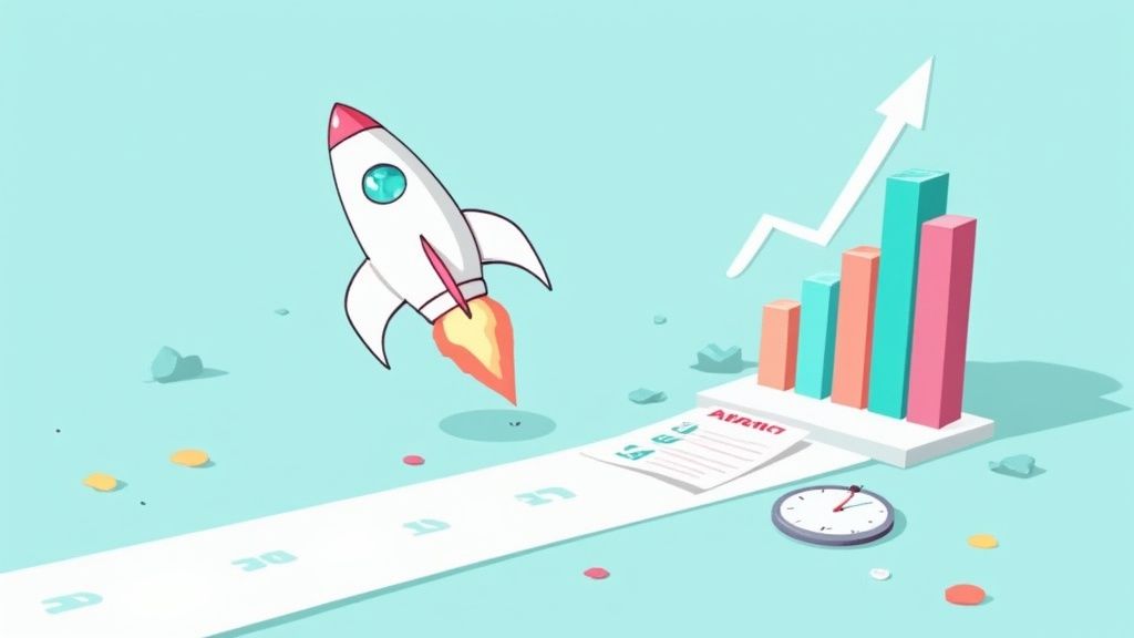 An animated rocket launching towards an upward trending bar chart and document, depicting strategic growth.