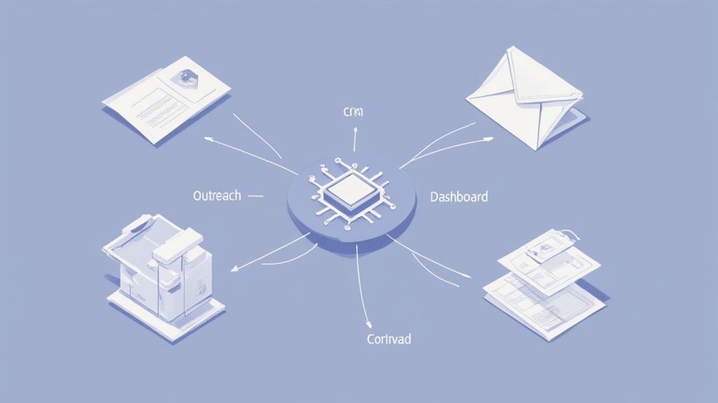 An AI chip connects to various business functions: CRM, outreach, dashboard, and data management systems.
