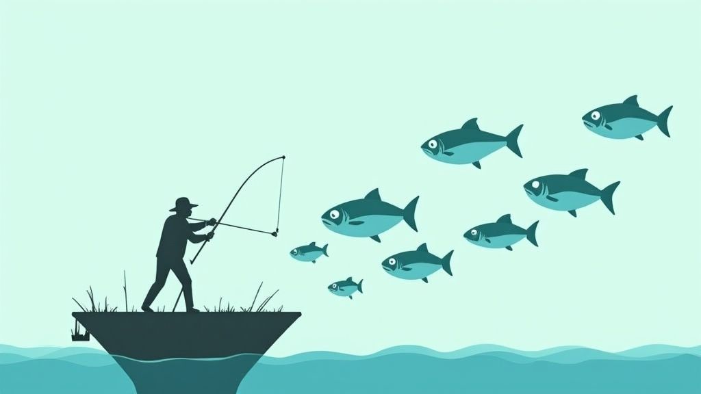 Fisherman with rod targeting school of fish representing account based marketing strategy