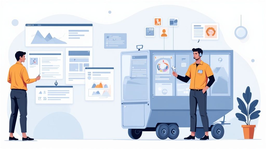 Professionals use AI-driven systems, analyzing data visualizations and customer experience information on interactive displays.