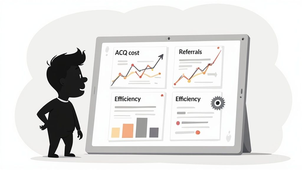 A person views a digital dashboard on a tablet displaying business metrics like acquisition cost, referrals, and efficiency.