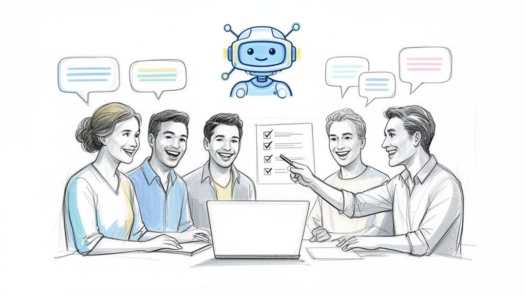 A diverse team works collaboratively with an AI chatbot, discussing a checklist around a laptop.