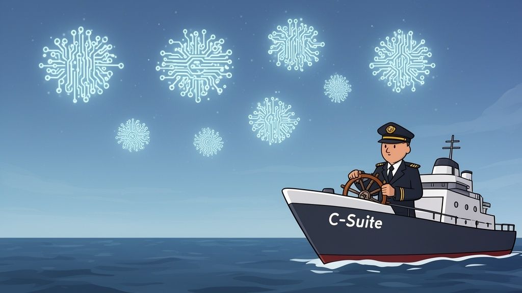 A C-Suite captain steers a ship on the ocean as glowing circuit board shapes float above.