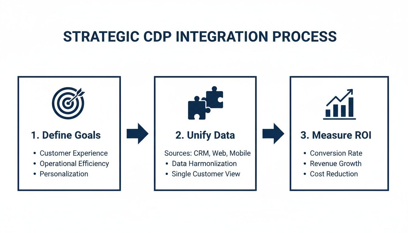Diagram showing a strategic Customer Data Platform integration process with goals, data unification, and ROI measurement.