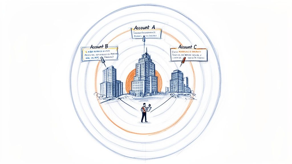 A person orchestrates IT provisions and resources across three interconnected business accounts.