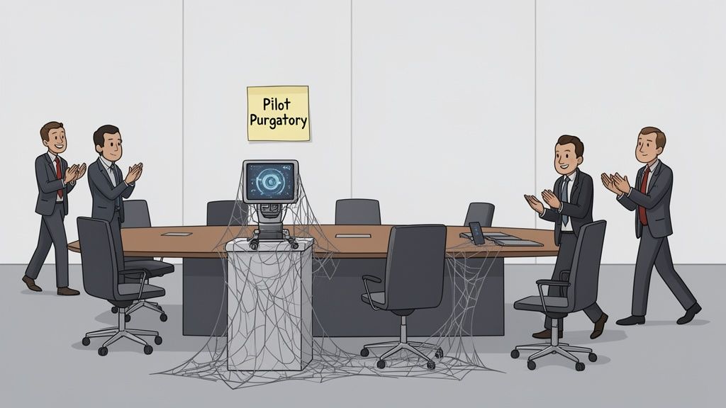 Businessmen applaud a dusty, cobweb-covered robot in a conference room labeled 'Pilot Purgatory'.