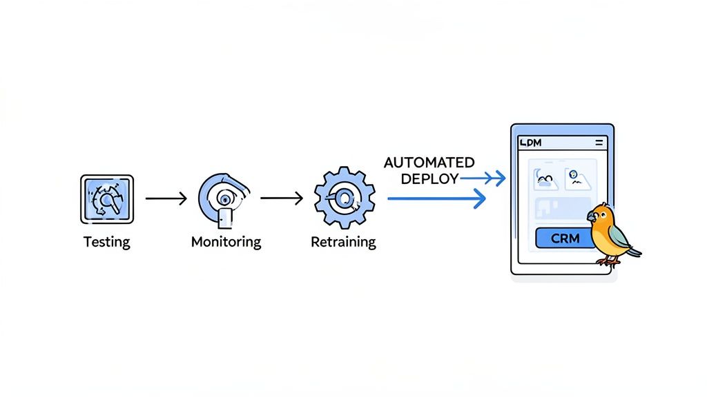 A diagram illustrates an AI model lifecycle with testing, monitoring, retraining, and automated deployment to LDM CRM.