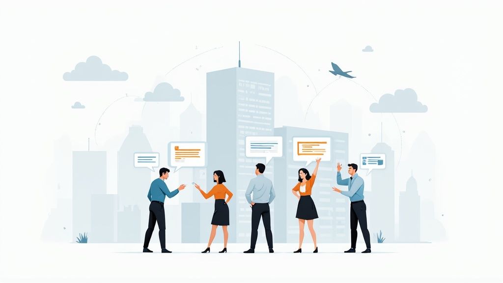 Business professionals discussing lead generation strategies with speech bubbles in urban cityscape setting