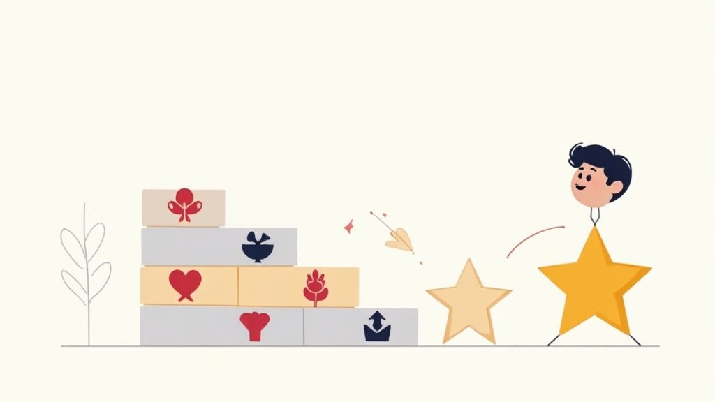 Cartoon character stands on a large golden star, reaching for a smaller star, with progress blocks.