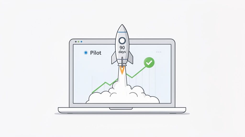 A rocket launching from a laptop screen displaying a 'Pilot' program, 90-day timeline, and a rising graph.
