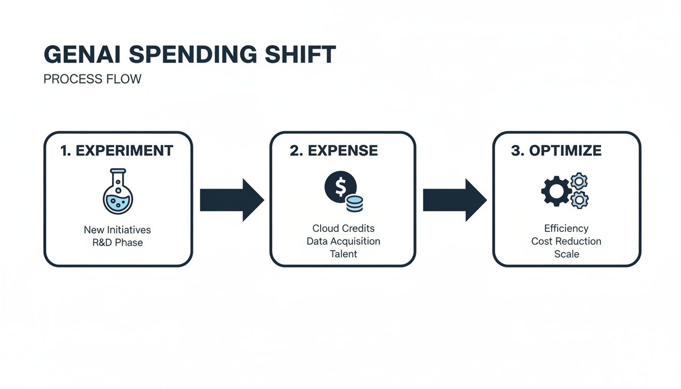 GenAI spending shift process flow diagram detailing experiment, expense, and optimization phases for efficiency.