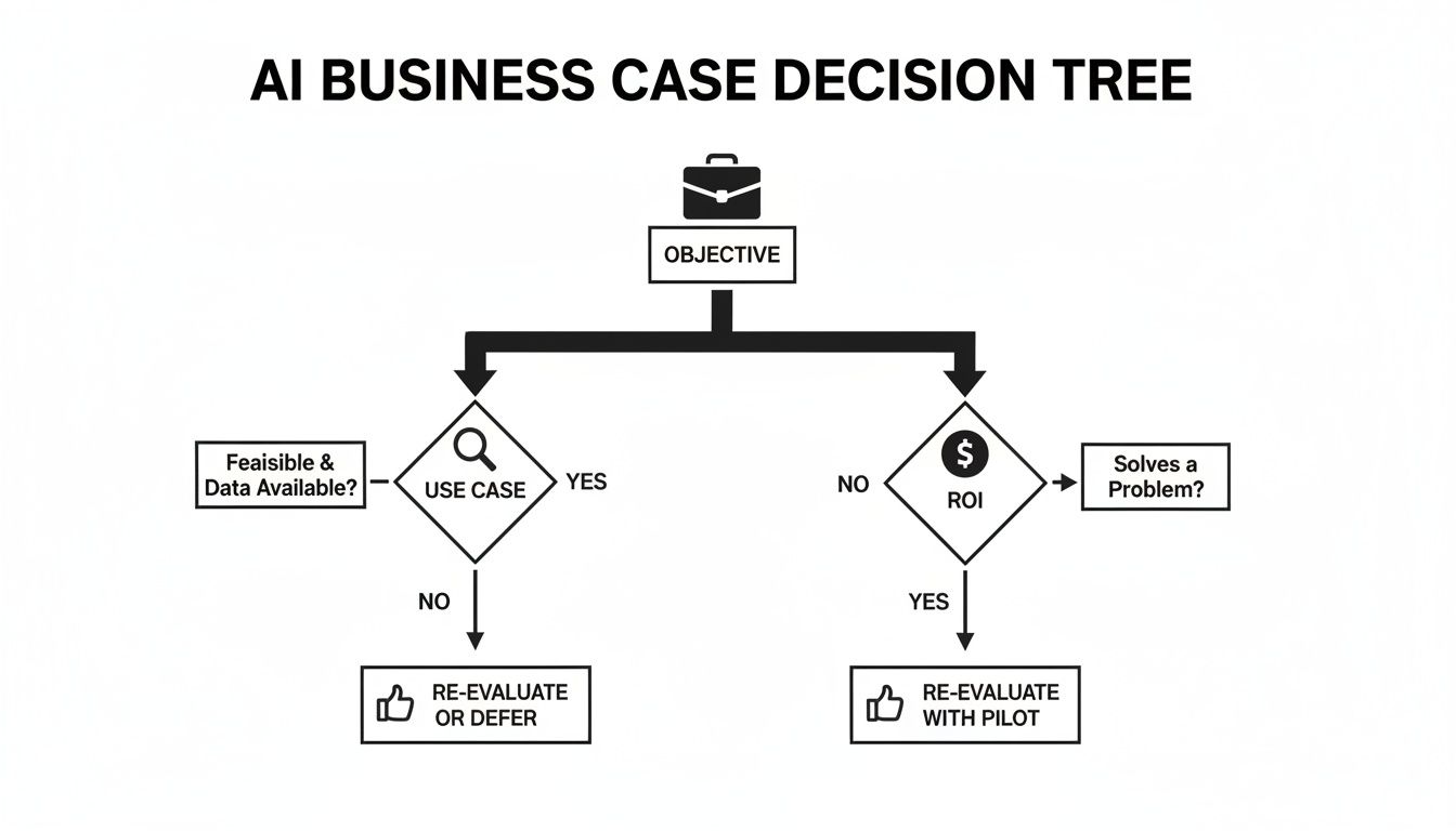 A black and white flowchart illustrates an AI business case decision tree, evaluating use cases and ROI.