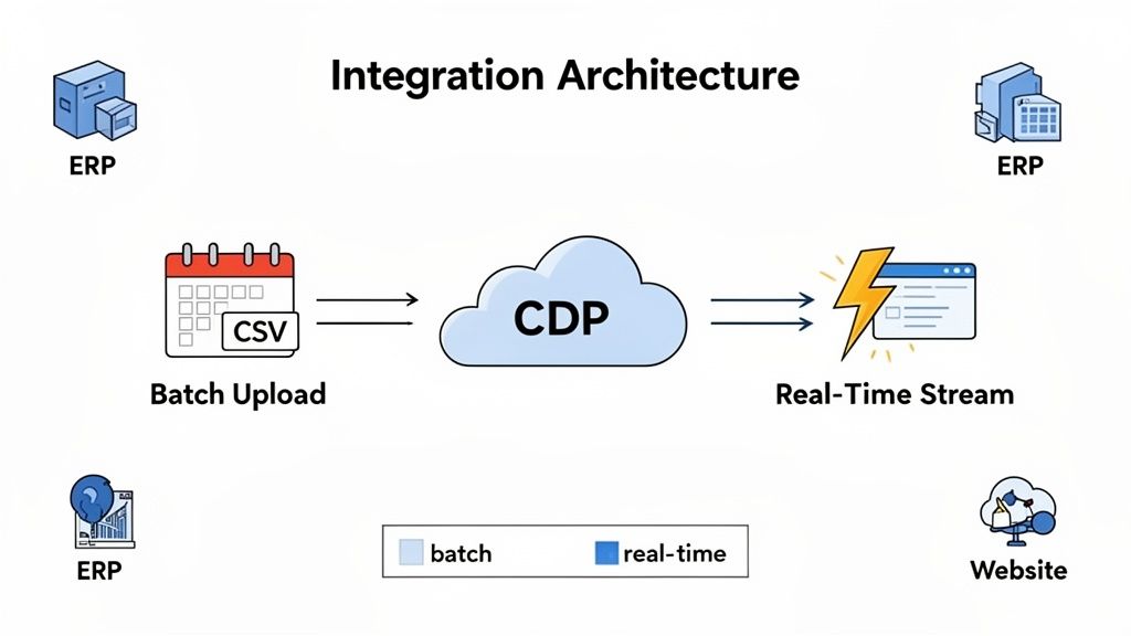 Integration architecture diagram illustrating batch and real-time data flow with a CDP, connecting ERPs and websites.
