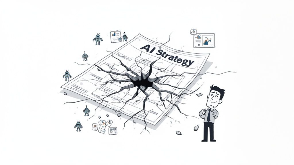 A distressed businessman observes a cracked 'AI Strategy' document, surrounded by small robots and scattered data.