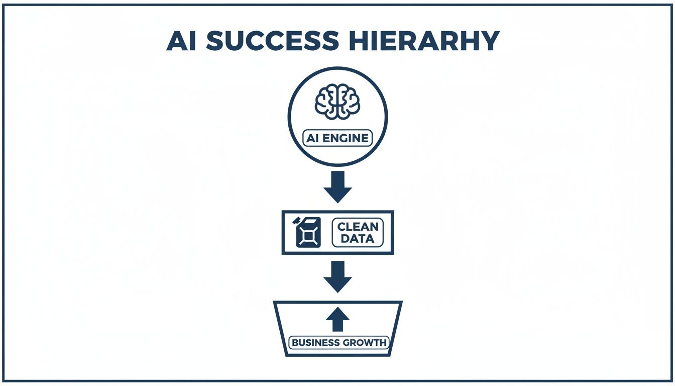 A diagram illustrating the AI success hierarchy: AI Engine fuels Clean Data, which drives Business Growth.