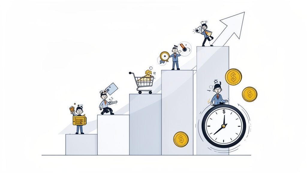 A playful illustration showing stages of business growth with various entrepreneurial activities and profit.