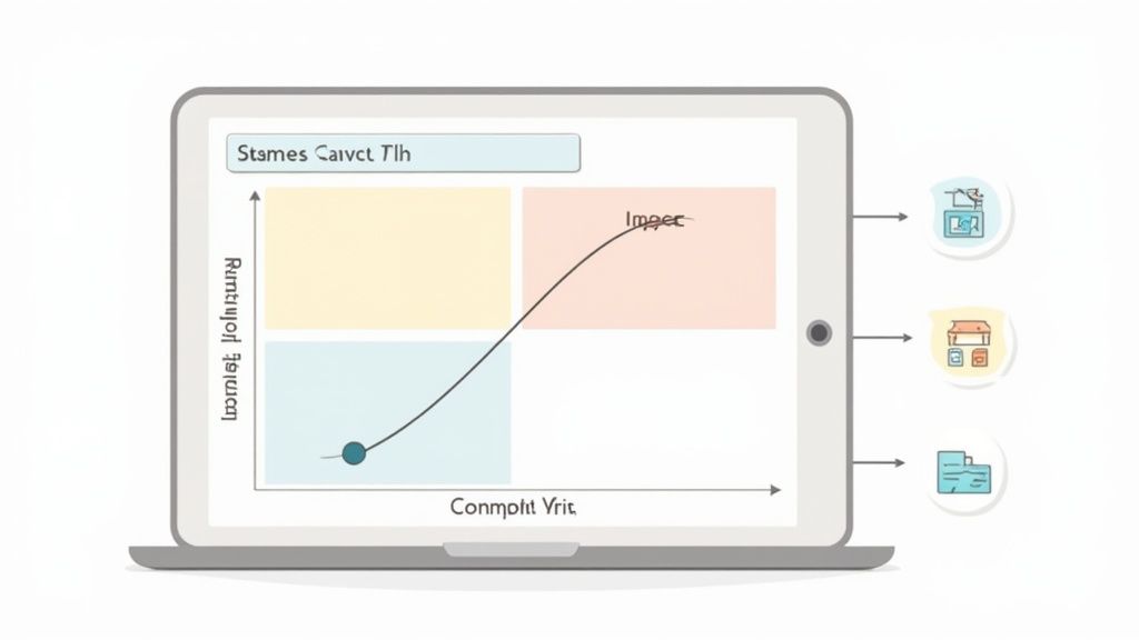 A laptop screen displays a 2x2 matrix graph with a curved line, alongside three illustrative business icons.
