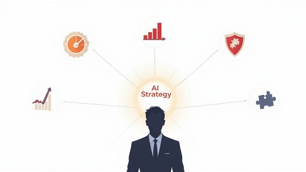 Businessman considering an AI strategy with icons representing time, growth, security, and solutions.
