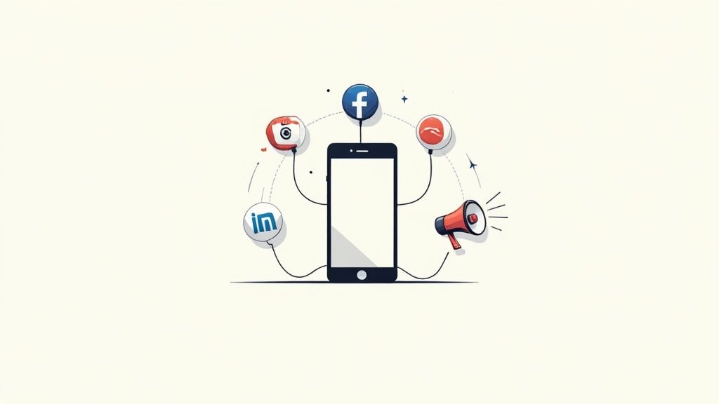 A smartphone centrally managing various social media and communication channels, including Facebook, LinkedIn, and a megaphone, for digital marketing.