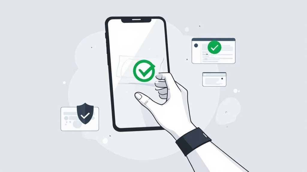 A hand interacts with a smartphone displaying a green checkmark, symbolizing digital approval and security.