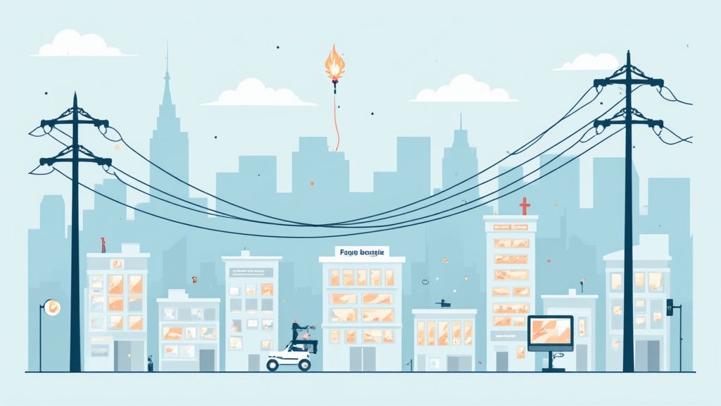 An illustrative city scene with power lines, buildings, people, a vehicle, and a floating lit candle.