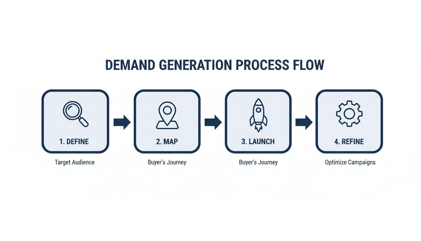 A demand generation process flow diagram outlining four key steps: Define, Map, Launch, and Refine campaigns.