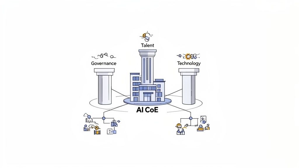 Illustration of an AI CoE framework, integrating governance, talent, and technology for effective implementation.