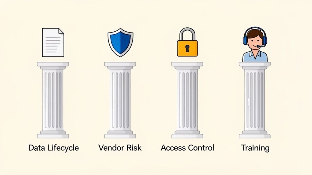 Illustration of four data privacy pillars: Data Lifecycle, Vendor Risk, Access Control, and Training.