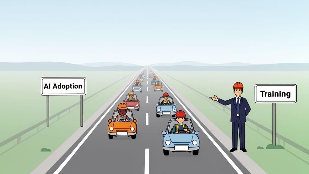 Workers in cars on a road towards AI Adoption, guided by a man representing training.