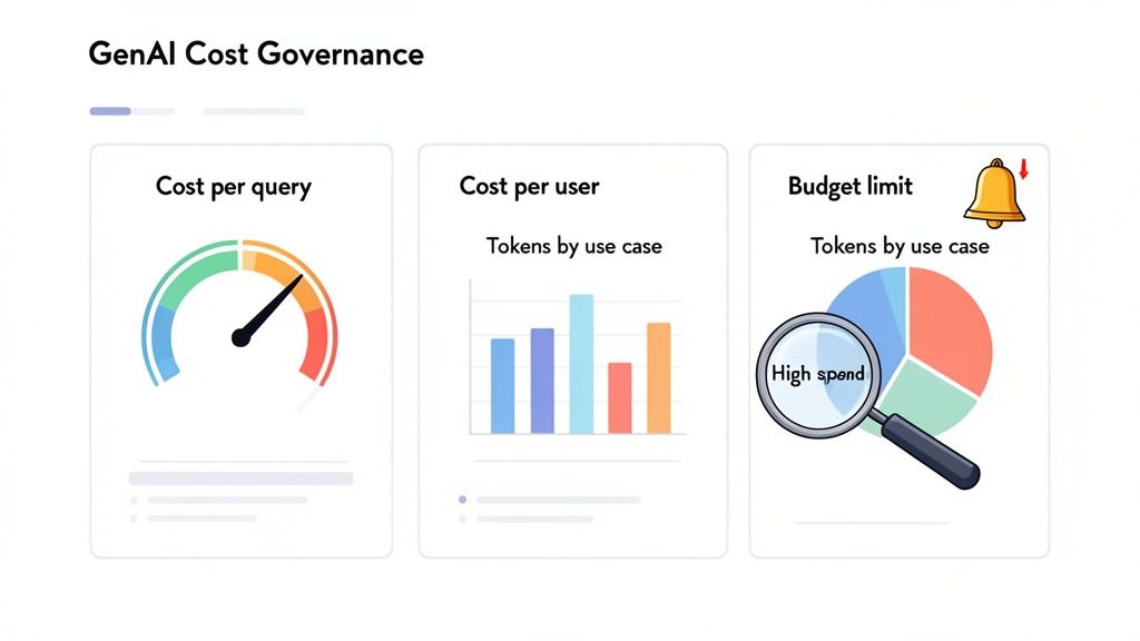 A dashboard displaying GenAI cost governance metrics: cost per query, cost per user, and budget limits.