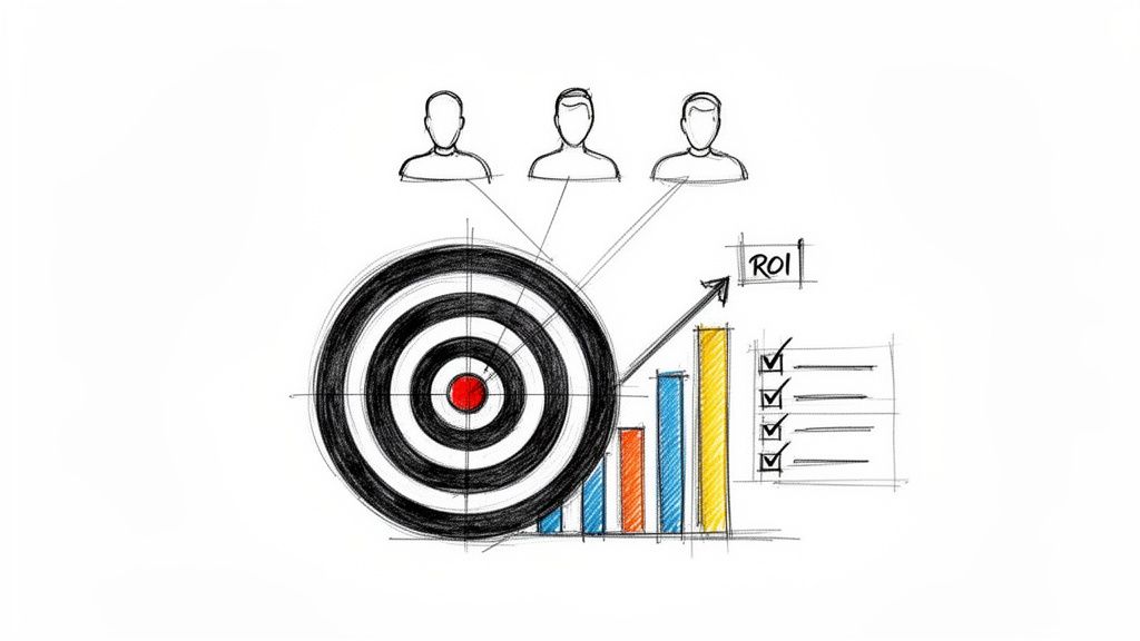 Illustration of business strategy with target, user profiles, bar chart showing ROI, and checklist.