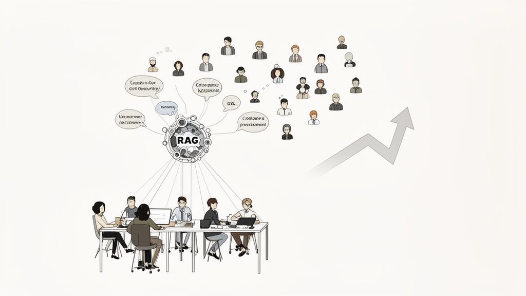 Illustration of a RAG system connecting a team, users, and driving business growth with an upward arrow.