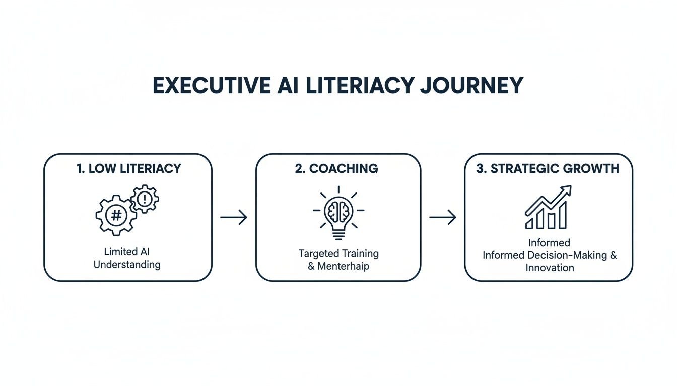 Executive AI literacy journey diagram illustrating steps from limited understanding to strategic growth.