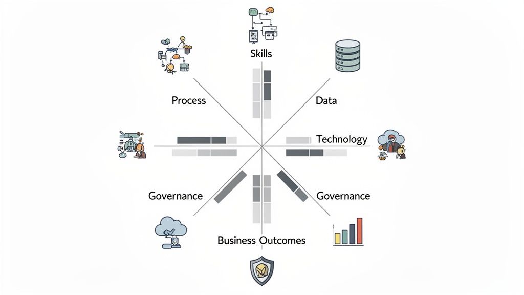 A star-shaped diagram illustrating an AI maturity model with spokes for skills, data, technology, process, governance, and business outcomes.