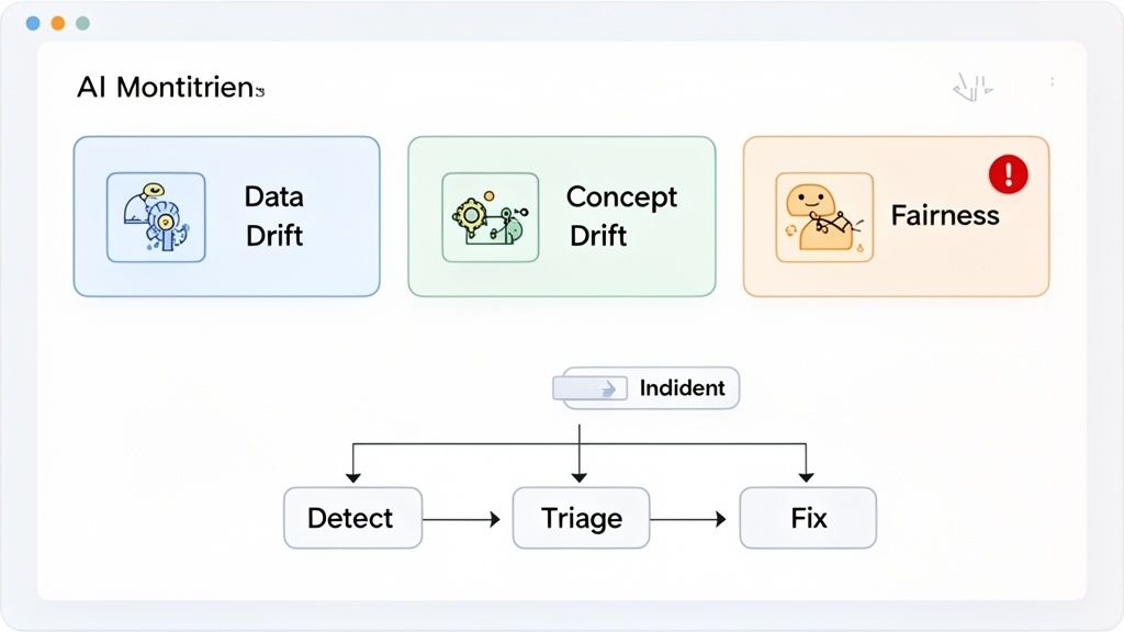 AI dashboard displaying data drift, concept drift, fairness issues, and an incident management process.