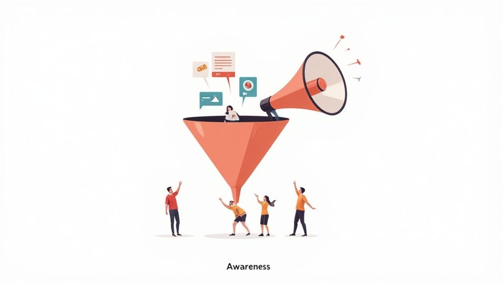 Illustration of a marketing funnel with a megaphone delivering information to people below, representing awareness.