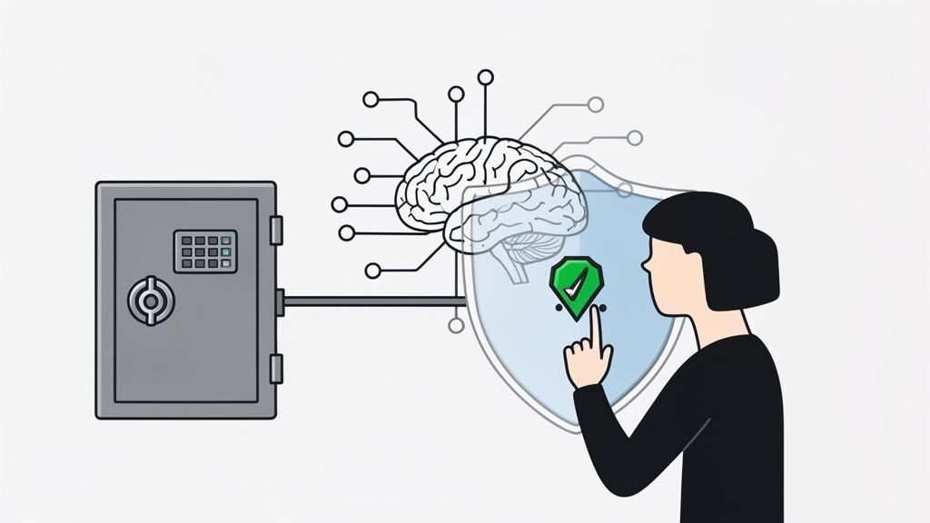 An AI-powered brain connected to a safe, with a human hand verifying security through a shield.