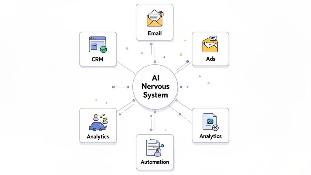 An AI Nervous System diagram connecting CRM, email, ads, analytics, and automation for business workflow.