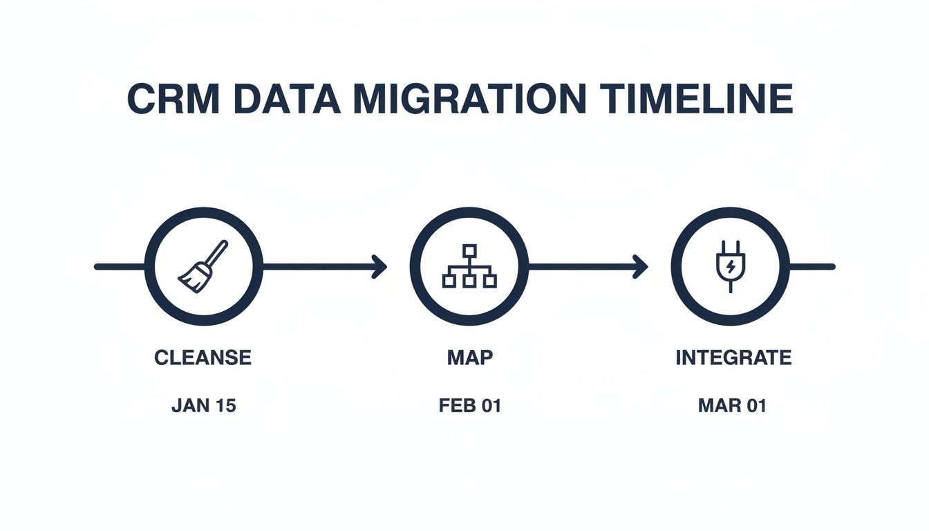 CRM data migration timeline with three steps: cleanse on Jan 15, map on Feb 01, and integrate on Mar 01.