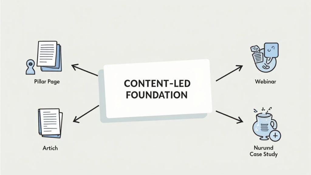 Diagram illustrating a content-led foundation connecting to an inner ring of pillar pages and an outer ring of supporting content.