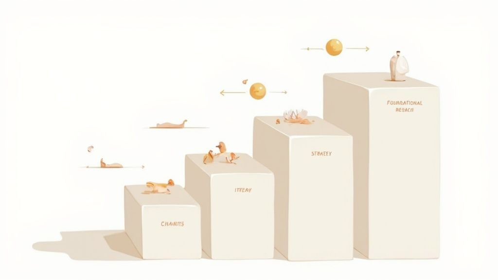 Illustration depicting a four-step process with blocks labeled Charits, Itteray, Strategy, and Foundational Research.