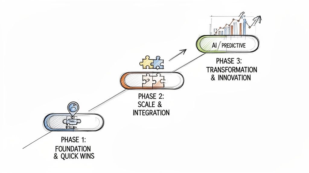 A three-phase roadmap for AI and data readiness, showing progression from foundation to predictive transformation.
