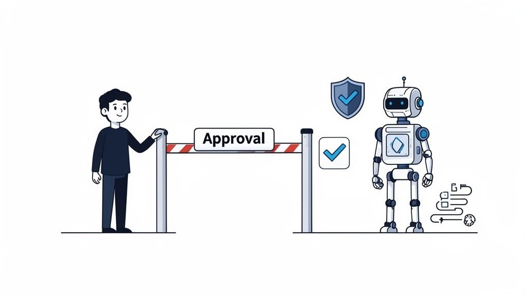 A person faces an 'Approval' barrier, guarded by a robot with security and process symbols.