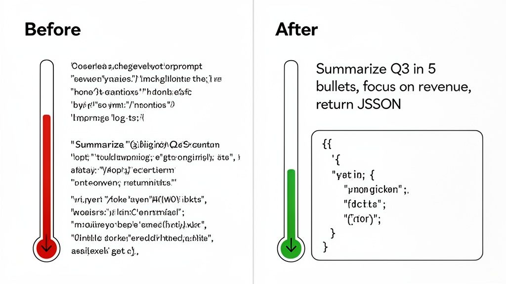 Comparison of GenAI prompt complexity, showing inefficient 'Before' versus concise, cost-effective 'After' examples.