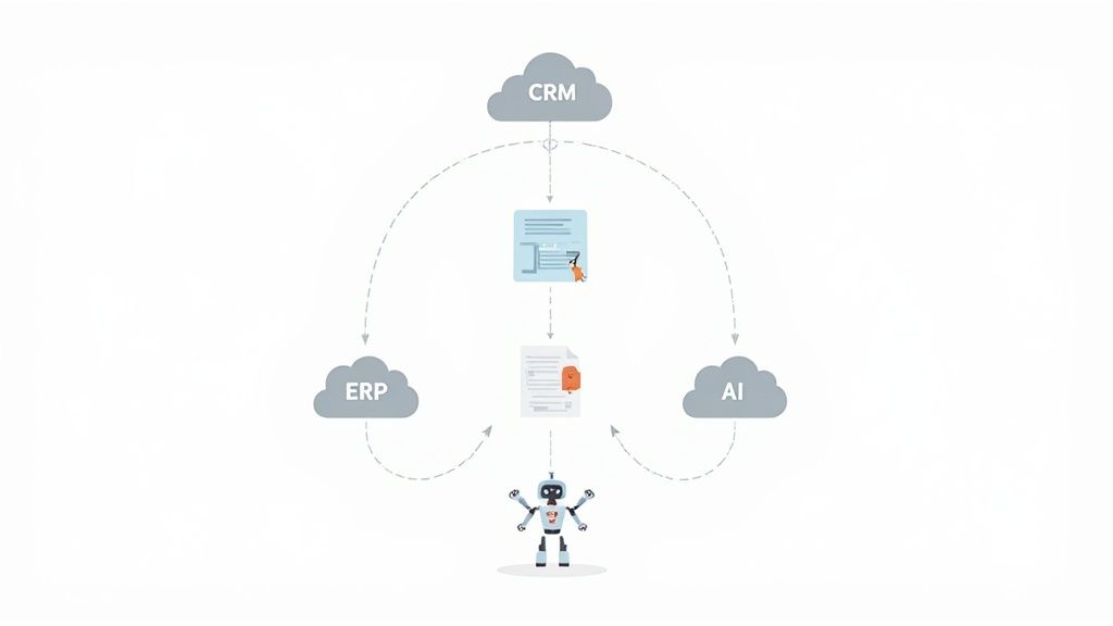 A diagram showing a robot automating document processing and integrating CRM, ERP, and AI systems.