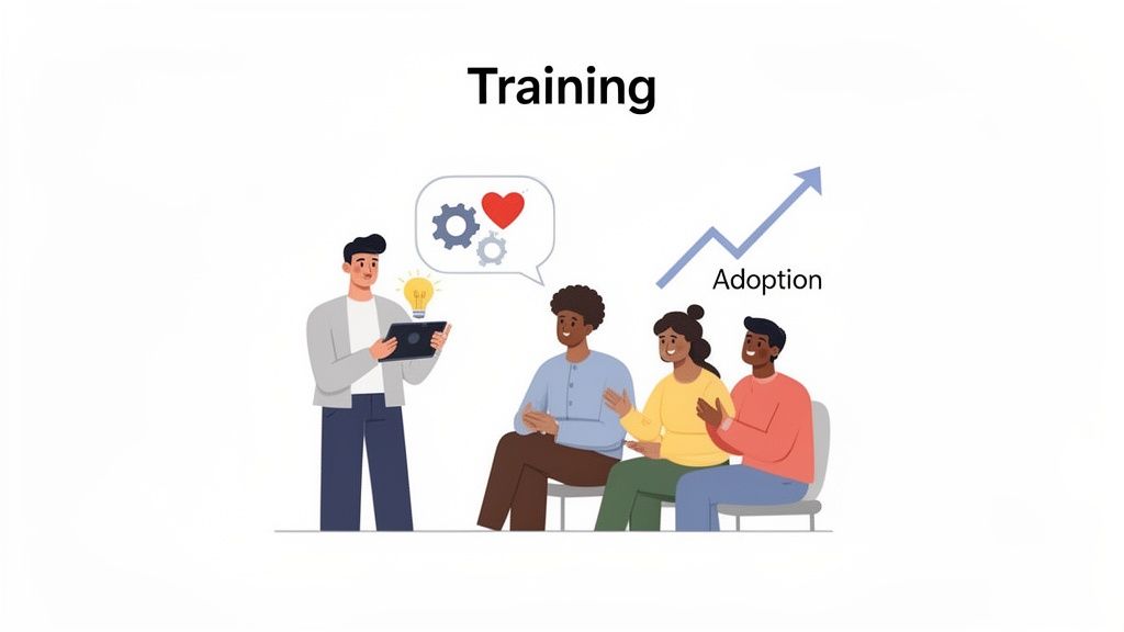 Illustration of a trainer sharing ideas with a diverse group, leading to successful adoption.