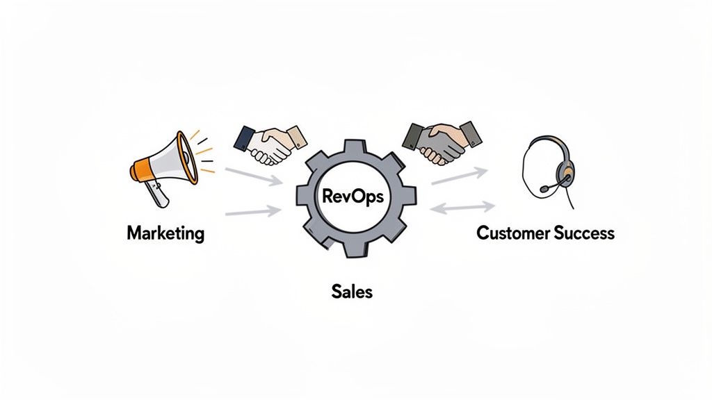 An illustrative diagram showing RevOps connecting Marketing, Sales, and Customer Success teams for simplified operations.