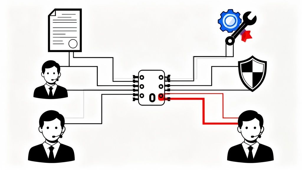 Diagram illustrating agent communication, documents, tools, and security connected through a system, with a highlighted handoff.
