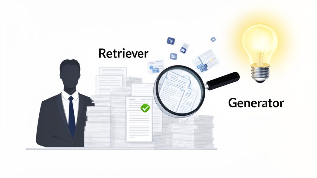 An illustration showing a 'Retriever' finding information from documents, processed by a magnifying glass, leading to a 'Generator' lightbulb, representing RAG.