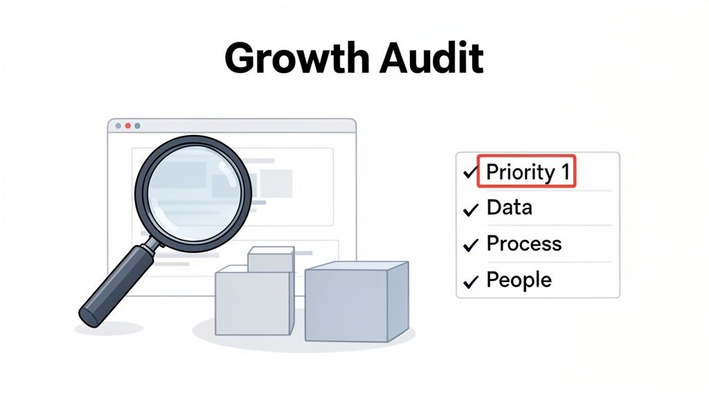 Growth Audit concept with a magnifying glass over a browser window and a checklist of priority, data, process, people.